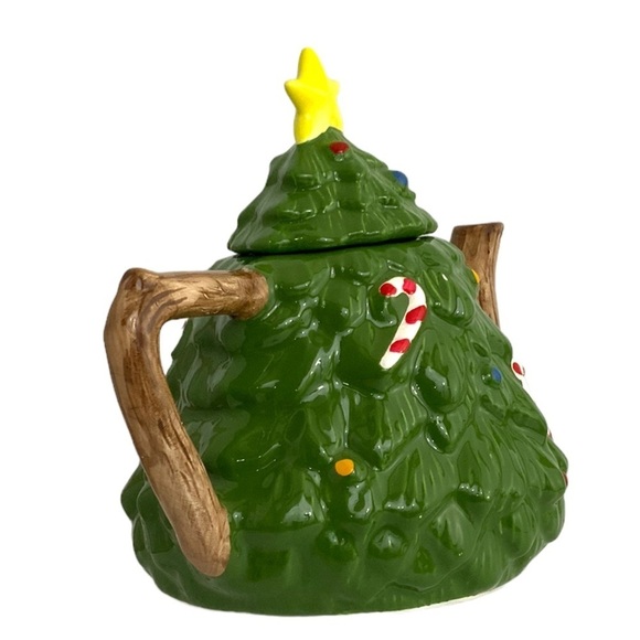 Holiday Teapot Christmas Tree Whimsical Vintage Glazed Ceramic Hand Painted - Picture 3 of 16